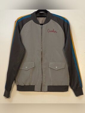 Her Universe Gray Bomber Jacket with Blue and Yellow Stripe Accents